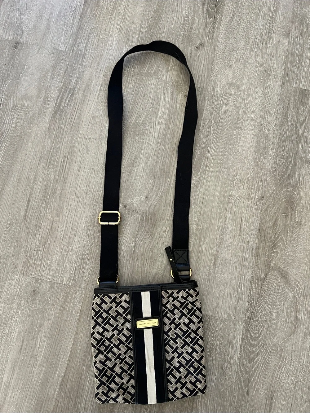 Tommy Hilfiger Black & Cream Logo Crossbody with Center Stripe